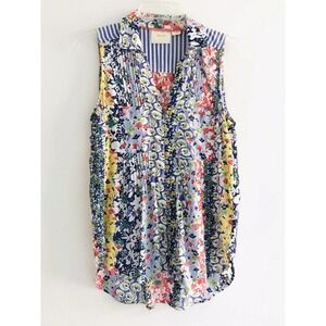 Maeve | Women's Blue Sleeveless Collared Floral Pleated Blouse Top Size XS